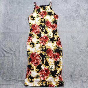 Joe & Elle Bodycon Dress Womens M Medium Black Floral Baroque Rose Stretch Midi